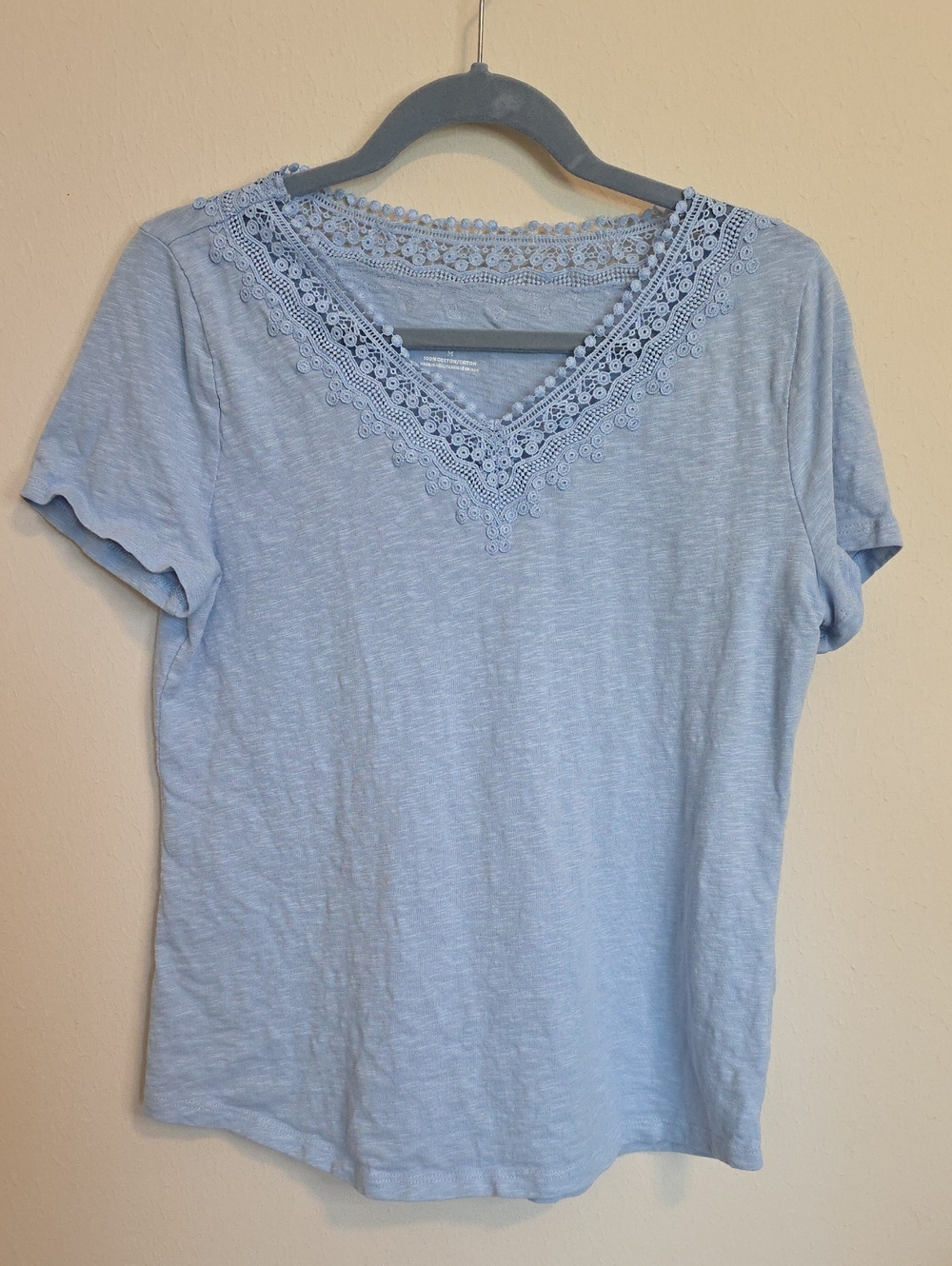 Talbots Light Blue V-Neck Tee with Crochet Lace Trim
